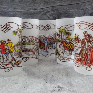 CURRIER & IVES GLASSES ~ Federal Glass ~ Set of 5 ~ 12 oz. ~ Currier and Ives Brown ~ 1950s ~ Frosted Tumblers ~ Replacements ~ Collectible