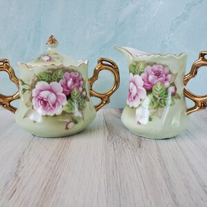 CREAMER & SUGAR BOWL ~ Lefton Heritage Green ~ Pink Roses ~ Gold Trim ~ 1980s ~ Shabby Chic ~ English Garden Décor ~ Tea Party Set