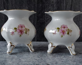 LINDNER PORCELAIN CANDLESTICKS ~ Lindner Porcelain Candlestick Holders ~Pink Floral ~ Gold Trim ~Hand Crafted in West Germany ~ Wedding Gift