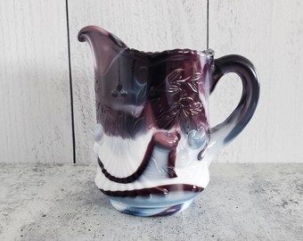TALL CREAMER ~ L.G. Wright ~ Cherry Purple Slag ~ 1970s ~ Slag Glass ~ Cherry/Leaf Design ~ Collectible Glass ~ Small Pitcher ~ Milk Jug