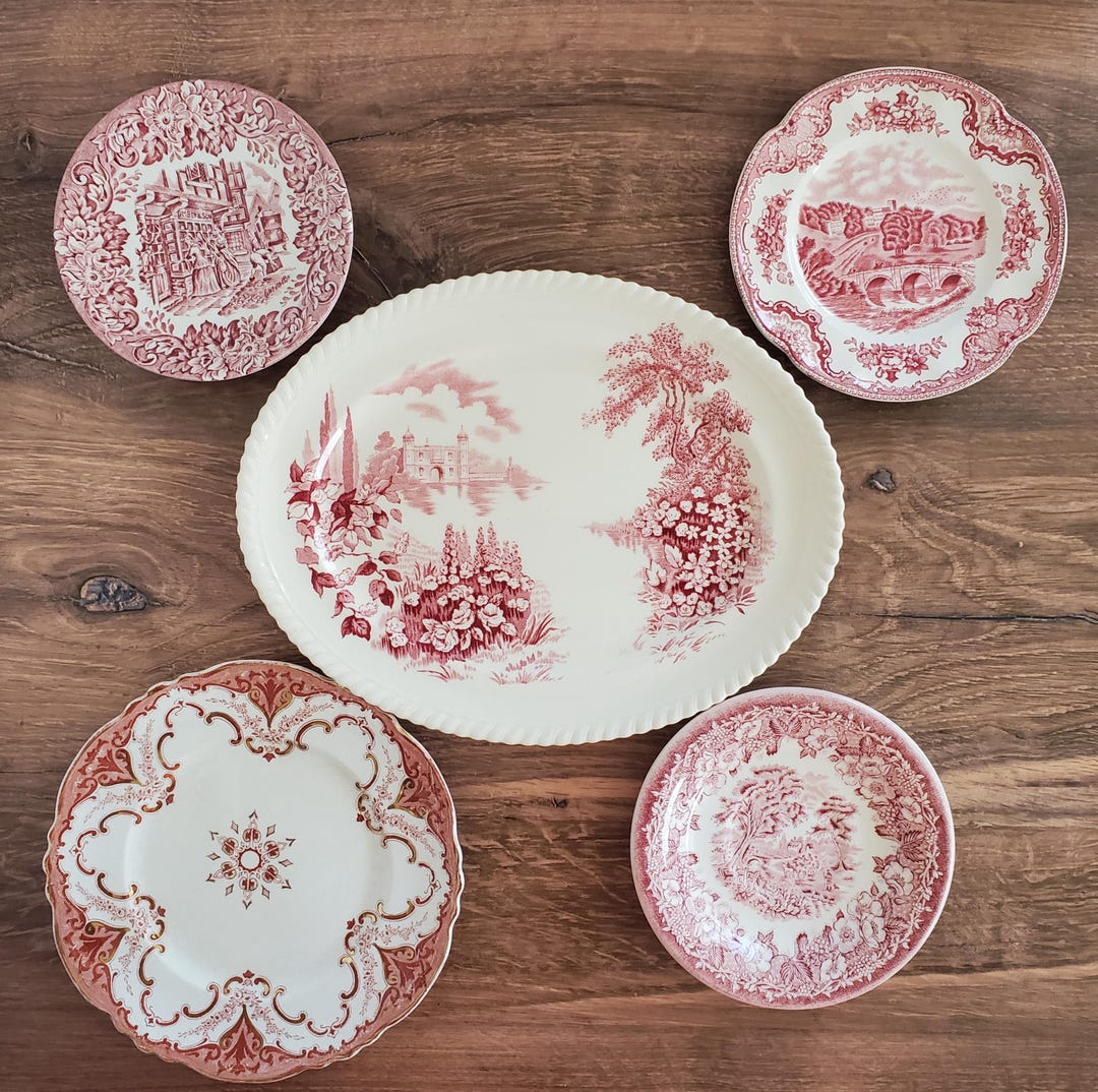 Red Transferware Set PLATEWALL DISPLAY ~ Red Transferware ~ Set of 5 ~ Collection ~ Red ...