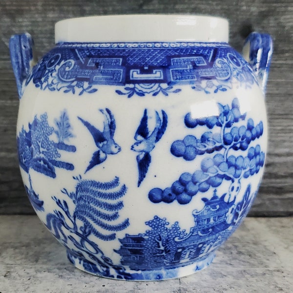 ADAMS BLUE WILLOW ~ William Adams & Sons ~ Blue Willow Jar ~ Antique Jar ~ Blue and White ~ Small Jar w/ Handles ~ Vase ~ Display Piece