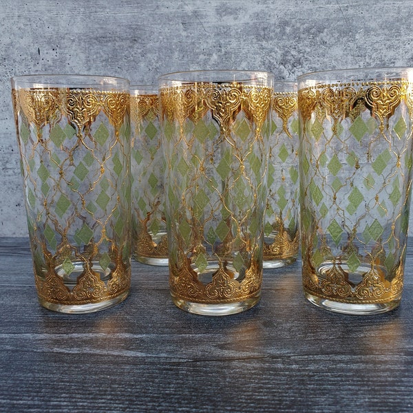 CULVER VALENCIA GLASSES ~ Valencia Green Diamond Tumbler Glasses ~ Set of 5 ~ 1960s ~ Highball Glasses ~ BoHo ~ Collins Glasses