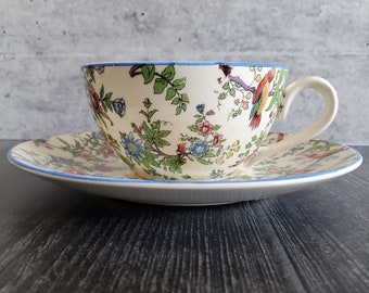 CHINTZ CUP & SAUCER ~ Steubenville ~Set of 2 ~ Multi Colored Chintz ~ Floral / Birds ~ 1920-1930s ~  Rare Pattern ~ Collectible Chintzware