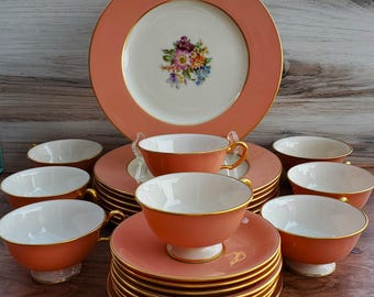 RARE LUNCH SET ~ Lenox/Franciscan ~ 24 pc. set ~ #J344/Palomar ~ Floral Center/Coral Border/Gold Trim ~ 1930s ~ Collectible ~ Brunch Set