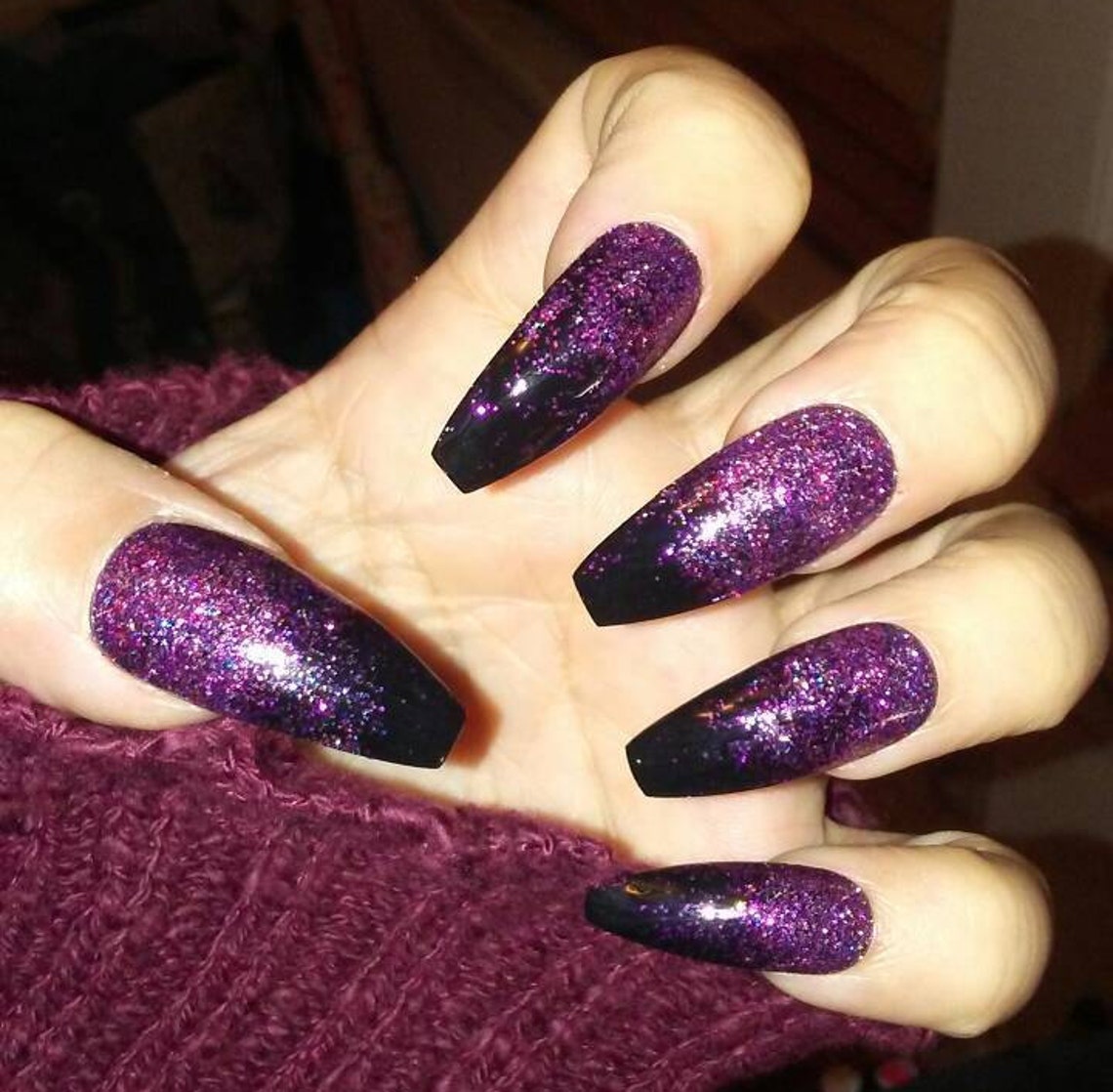 Black Coffin Nails w/ Pink & Purple Glitter Long or Short | Etsy
