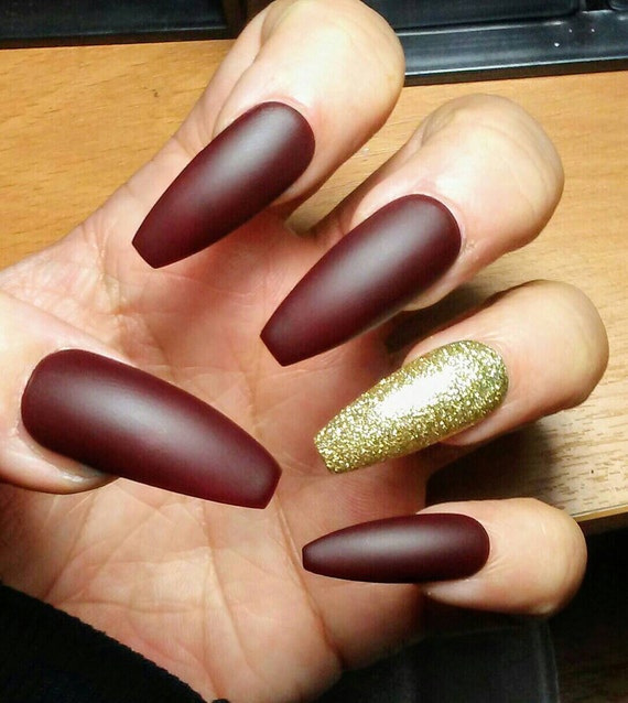 Long Matte Coffin Nails Burgundy Maroon Gold Glitter Red Press On Glue On Acrylic False Fake Nails Also Stiletto Square Oval Short