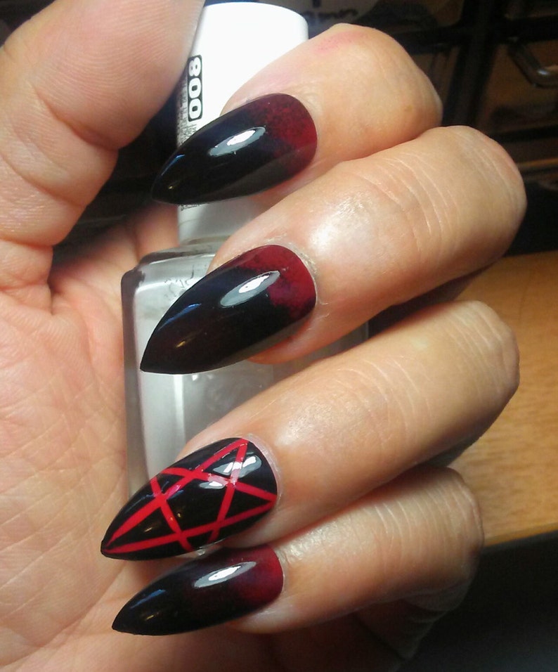 Gothic Stiletto Pentagram Nails Black Red Halloween Nails ...