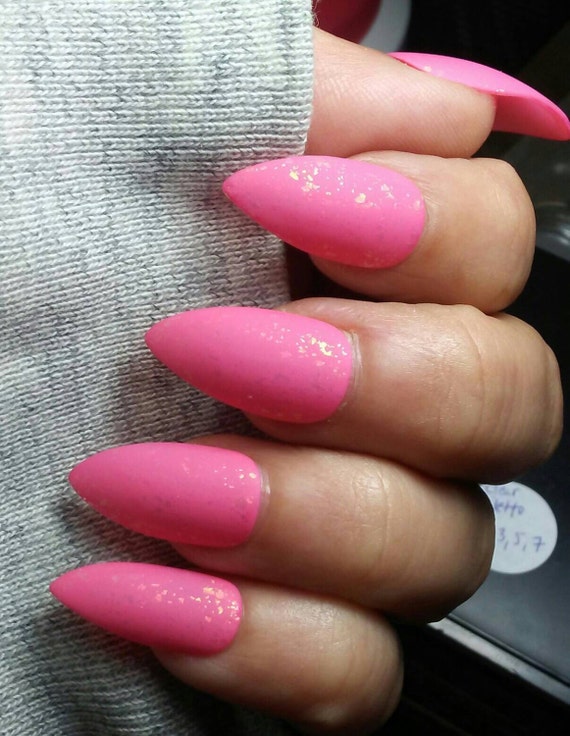 Stiletto Nails Hot Pink Matte Gold Flakes Acrylic Press On Etsy