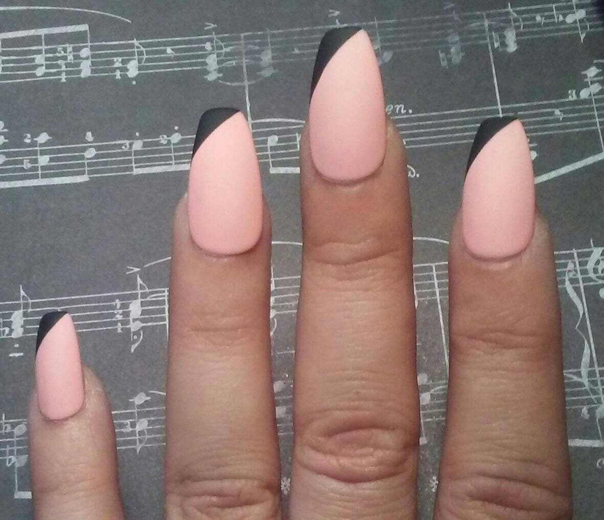 Matte Pink Coffin Nails With Black Tips Light Pink Acrylic Etsy