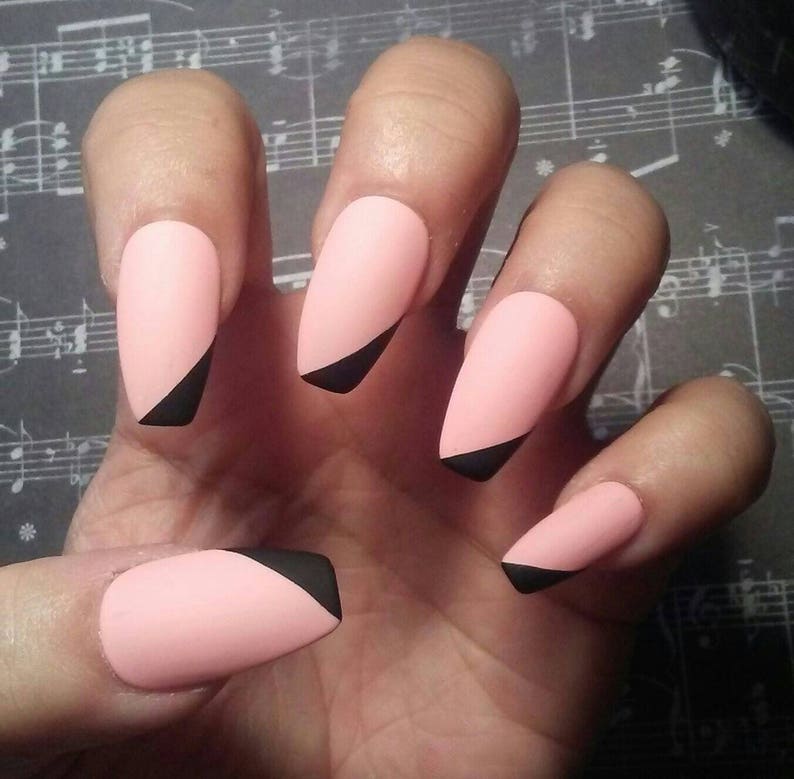 Matte Pink Coffin Nails With Black Tips Light Pink Acrylic Etsy