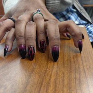 Gothic Stiletto Pentagram Nails Black Red Halloween Nails Etsy