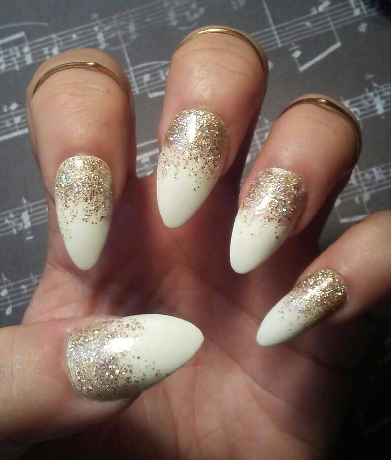 Stiletto Almond White Nails With Gold Glitter Glossy Or Etsy Stiletto Almond White Nails With Gold Glitter Glossy Or Etsy