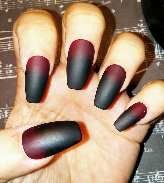 Matte Black to Red Coffin Nails, Gothic Press on Nails, Acrylic Glue on Nails, Stiletto, Square, Oval, Long or Short, Goth, Fake False Nails