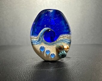 Large Blue Tide Pool Bead for Jewelry Makers. Intense blue with glittery dichroic and wisps of white. Handmade Lampwork Art Glass Bead.