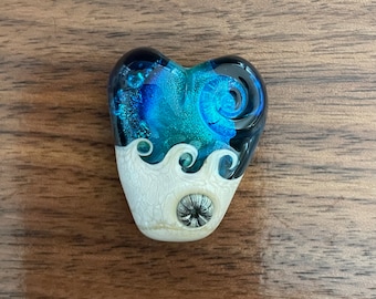 Aqua and Blue Heart shaped Wave Bead. Blue Tide Pool Glass Bead. Handmade Art Glass, Lampwork Bead.