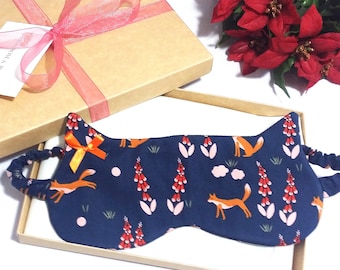 Fox Print Sleep Mask, Organic Cotton Sleep Mask, Cat Shape Blindfold, Gift for Her, Christmas Gift, Stocking Filler