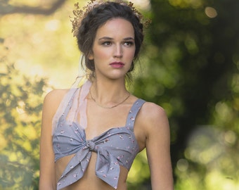 Grey Floral Print Vintage Style Tie Bra  - Sample Sale - Size S