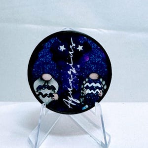 Round Gnome Aquarius Phone Grip, Purple and Blue Zodiac Phone Accessory, Custom Aquarius Design Phone Piece.