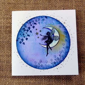 handmade fairy card,  fairy moon card, birthday card, blank card, girl's card, magical card, magic card, wishes card