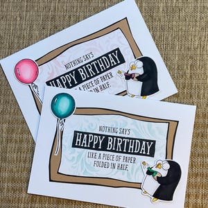 carte d'anniversaire drôle, carte d'anniversaire de pingouin, carte d'anniversaire pour elle, carte d'anniversaire pour lui, carte d'anniversaire faite main