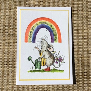 Biglietto di auguri, biglietto topo fatto a mano, biglietto di compleanno topo, biglietto arcobaleno, biglietto giardiniere