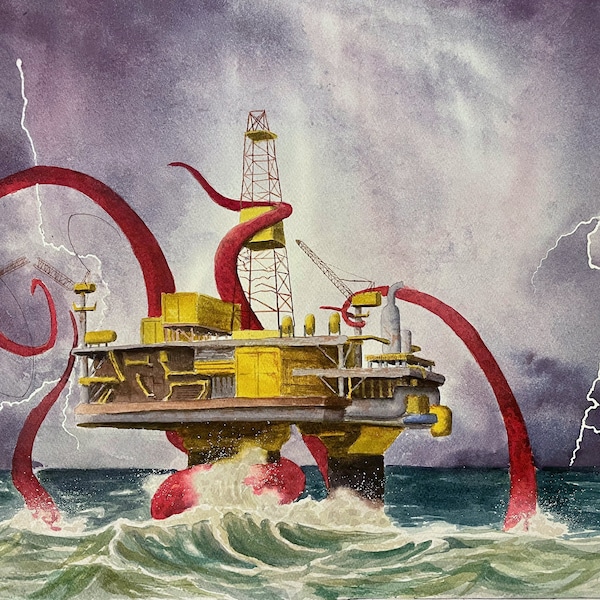 Kraken Attacking a Deep Sea Oil Rig | Giant Squid Tentacles Fantasy Sea Monster Watercolor Seascape Painting Decor Giclée Print