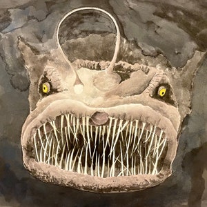 Angler Fish Watercolor Ink Painting Print Deep Sea Creature Monster Nightmare Teeth Horror Unsettling Art