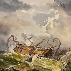 Kraken Attacking a Whaling Ship | Giant Squid Tentacles Fantasy Storm Sea Monster Watercolor Seascape Nautical Painting Decor Giclée Print