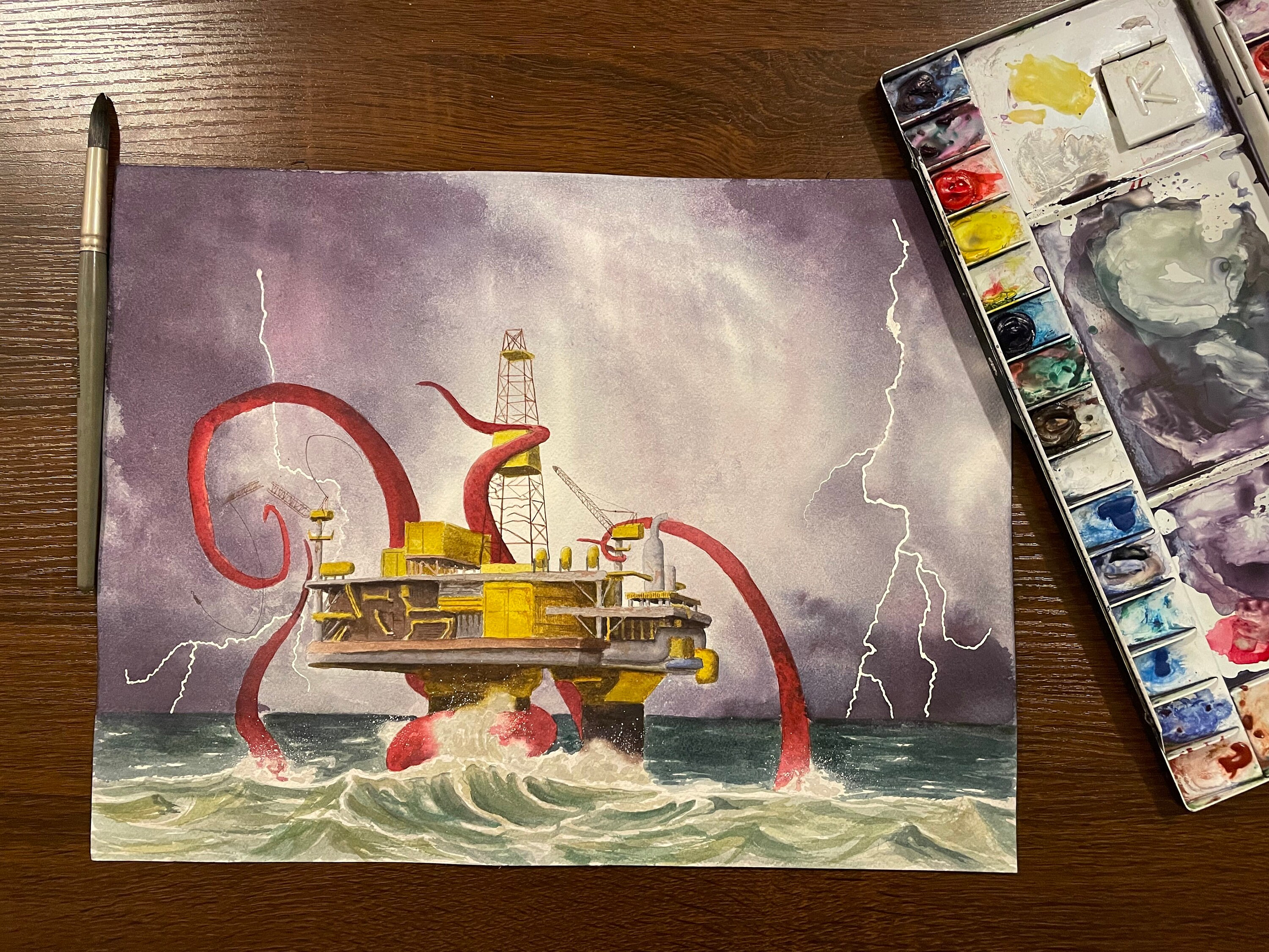 Kraken Attacking a Deep Sea Oil Rig | Giant Squid Tentacles Fantasy Sea ...