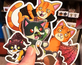 Paquete de pegatinas de vinilo de 7,6 cm de gato de Halloween: kawaii, chibi, espeluznante, bruja, diablo, vampiro y zombi.