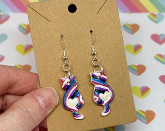 Pendientes de gato de arcilla polimérica inspirados en el orgullo *OOAK* Bisexual Genderfluid LGBTQIA+ Queer Joyería pintada a mano