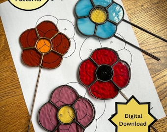 Stained Glass Pattern - DIGITAL FILE (Pdf & Png) - Flower Garden/Plant Stakes - Beginner/Easy Suncatcher Template - Hobby Commercial License