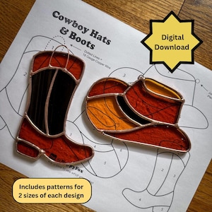 May include: Stained glass patterns for cowboy hats and boots. The designs are in red, orange, and black. The image includes the text "Cowboy Hats & Boots", "Digital Download", and "Includes patterns for 2 sizes of each design".