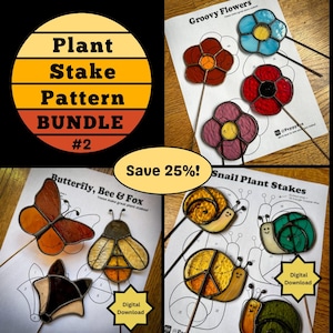 ステンドグラスのパターンバンドルガーデン/植物の支柱 - デジタルファイル pdf & png - カタツムリ、花、蝶、蜂、キツネの初心者/簡単なサンキャッチャーテンプレート