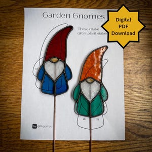 Stained Glass Pattern - DIGITAL FILE (pdf png)- Gnome Garden/Plant Stakes - Beginner/Easy Suncatcher Template - Hobby and Commercial License