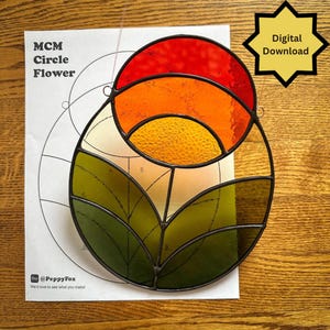 Mönster för målat glas - DIGITAL FIL (pdf png) - MCM Circle Flower Retro - Mall för nybörjare/enkel solfångare - Hobby- och kommersiell licens