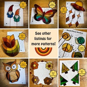 May include: A collection of stained glass patterns, including garden gnomes, a butterfly, UFO, snail plant stakes, an owl, flower chart, and Christmas trees. Each pattern is available as a digital PDF download.