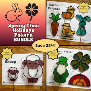 Stained Glass Pattern BUNDLE - DIGITAL FILE (pdf & png) - Spring Time Holidays Easter St. Patrick's Day - Beginner/Easy Suncatcher Template