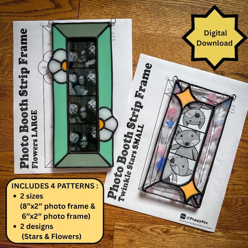 May include: Two stained glass photo booth strip frames with paper patterns. The large frame is mint green with white flower accents. The small frame features orange star accents and a fox illustration. Text includes Photo Booth Strip Frame.
