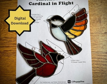 Stained Glass Pattern - DIGITAL FILE (Pdf & Png) - Chickadee Cardinal Birds - Beginner/Easy Suncatcher Template - Hobby Commercial License