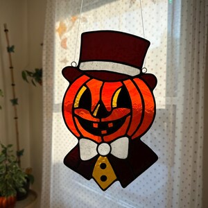 Stained Glass Pattern - DIGITAL FILE (Pdf & Png) - Dapper Pumpkin Retro Vintage Halloween - Beginner/Easy Suncatcher Template - License image 3