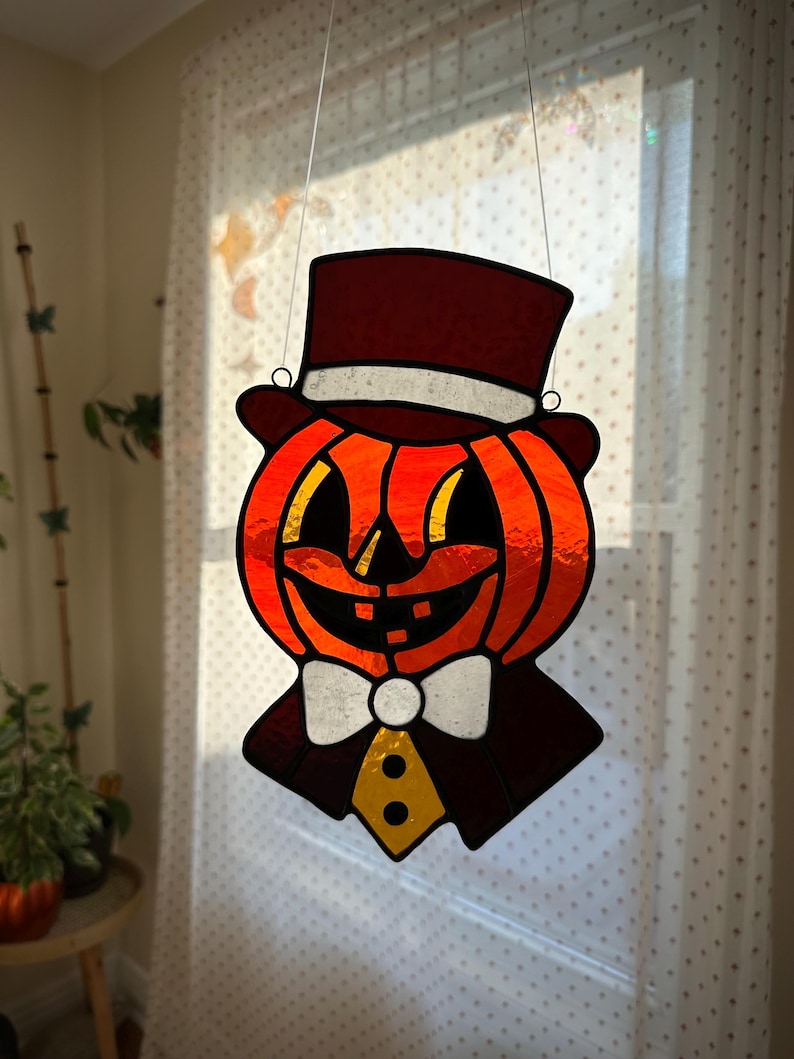 Stained Glass Pattern - DIGITAL FILE (Pdf & Png) - Dapper Pumpkin Retro Vintage Halloween - Beginner/Easy Suncatcher Template - License image 3