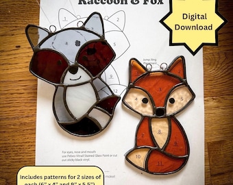 Stained Glass Pattern - DIGITAL FILE (pdf png) - Raccoon Fox Woodland Folk - Beginner/Easy Suncatcher Template - Hobby Commercial License
