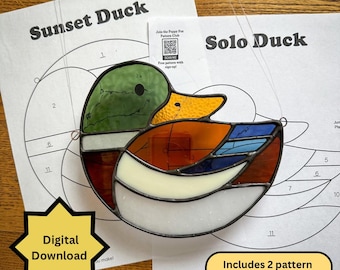 Stained Glass Pattern - DIGITAL FILE (Pdf Png) - Duck Mallard Bird Sunset - Beginner/Easy Suncatcher Template - Hobby Commercial License