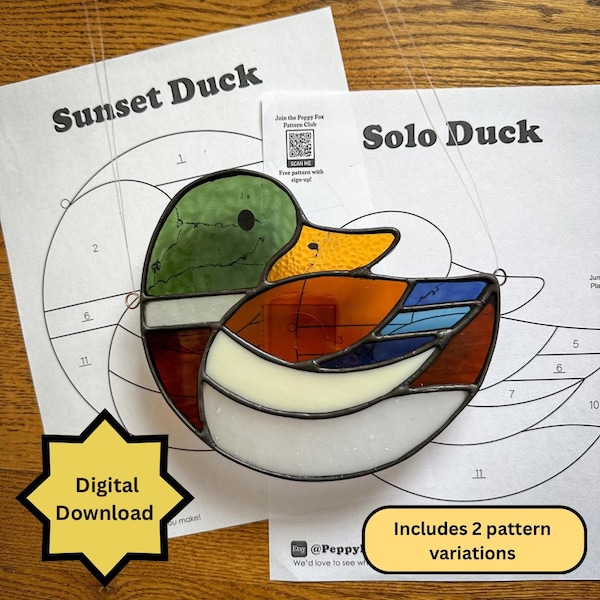 Stained Glass Pattern - DIGITAL FILE (Pdf Png) - Duck Mallard Bird Sunset - Beginner/Easy Suncatcher Template - Hobby Commercial License