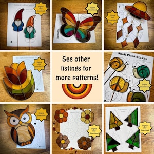 May include: A selection of stained glass patterns, featuring garden gnomes, a butterfly, a UFO, snail plant stakes, an owl, a flower chart, and Christmas trees. Each pattern has a "Digital PDF Download" label.
