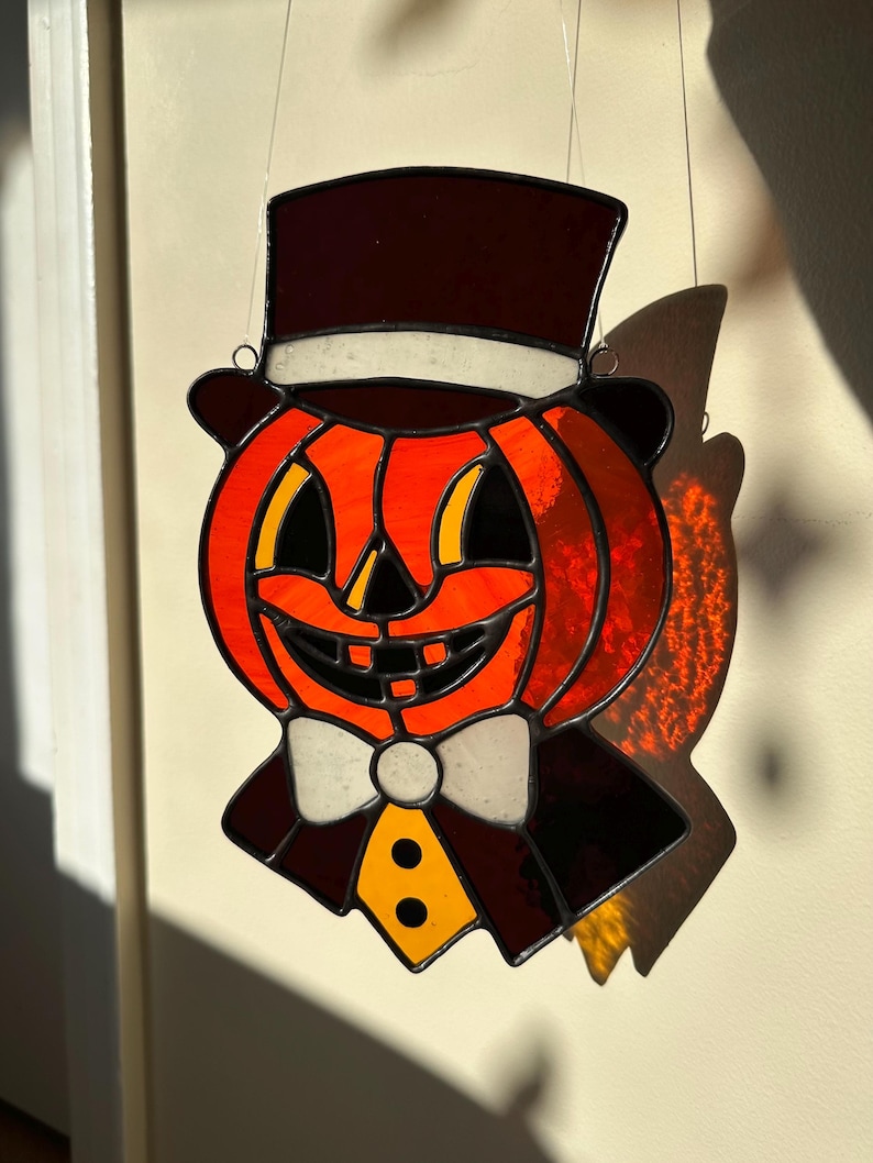 Stained Glass Pattern - DIGITAL FILE (Pdf & Png) - Dapper Pumpkin Retro Vintage Halloween - Beginner/Easy Suncatcher Template - License image 2