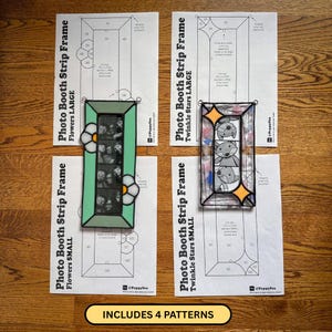 May include: Four printed paper patterns for stained glass photo booth strip frames labeled Photo Booth Strip Frame Flowers Large, Flowers Small, Twinkle Stars Large, and Twinkle Stars Small, with two finished glass frames displayed on top.