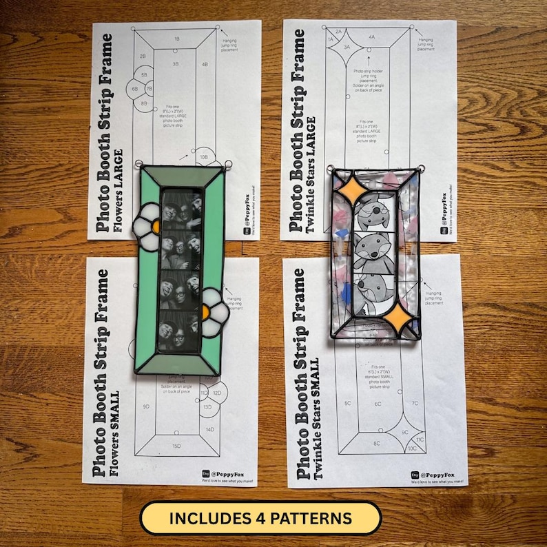 May include: Four printed paper patterns for stained glass photo booth strip frames labeled Photo Booth Strip Frame Flowers Large, Flowers Small, Twinkle Stars Large, and Twinkle Stars Small, with two finished glass frames displayed on top.